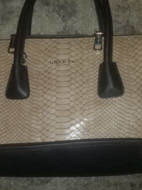 London Fog Beige & Black Textured Faux-Snakeskin Satchel